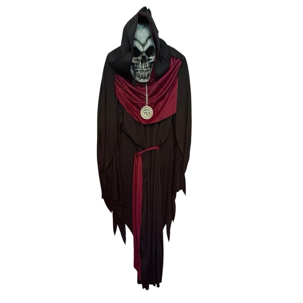 Grim Reaper Skeleton Costume Hooded Robe Mask Gloves Medallion Belt One Size